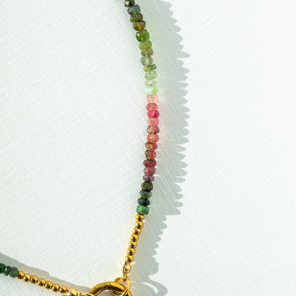 Watermelon Tourmaline Necklace Gemstone Beaded Necklace Gold Charm Clasp PRETTY - Picture 12 of 12